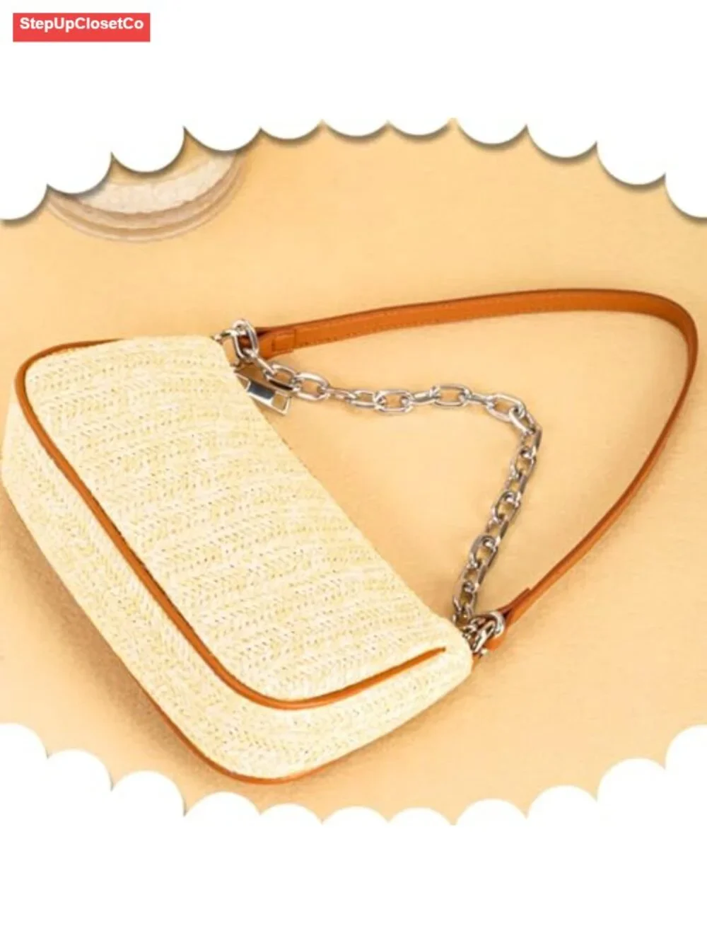 Handwoven Straw Tote Hobo Bag with Chain Handle Zipper Closure Boho Beach